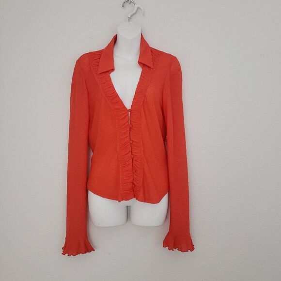 By Anthropologie Long-Sleeve Textured Button Down Top Orange Small NWT Ruffles - Picture 2 of 10